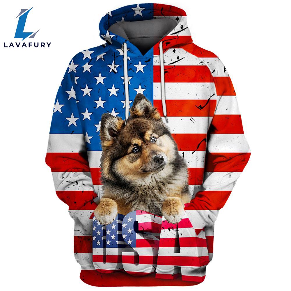 Finnish Lapphund Dog 3D Face Graphic Premium America Flag Hoodie For Lover Dogs