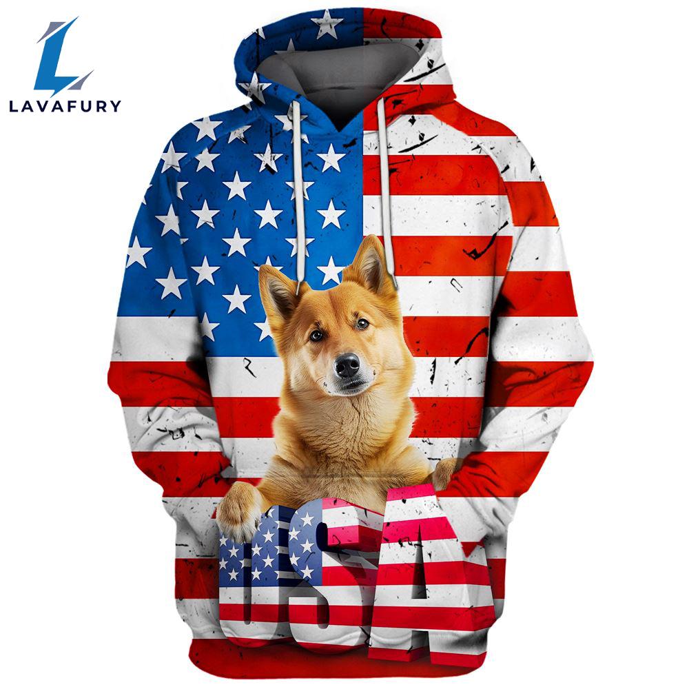 Finnish Spitz Dog 3D Face Graphic Premium America Flag Hoodie For Lover Dogs