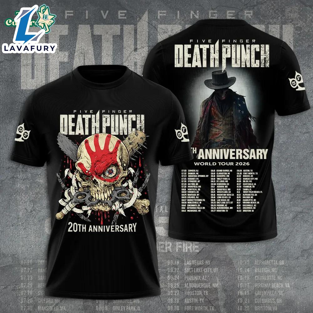 Five Finger Death Punch 20th Anniversary World Tour 2026 black t-shirt For Man And