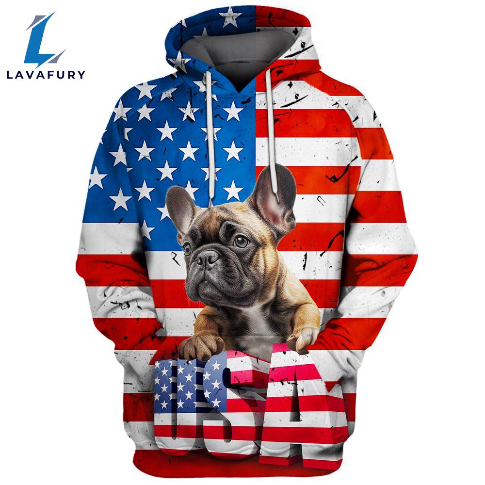 French Bulldog 2 3D Face Graphic Premium America Flag Hoodie For Lover Dogs