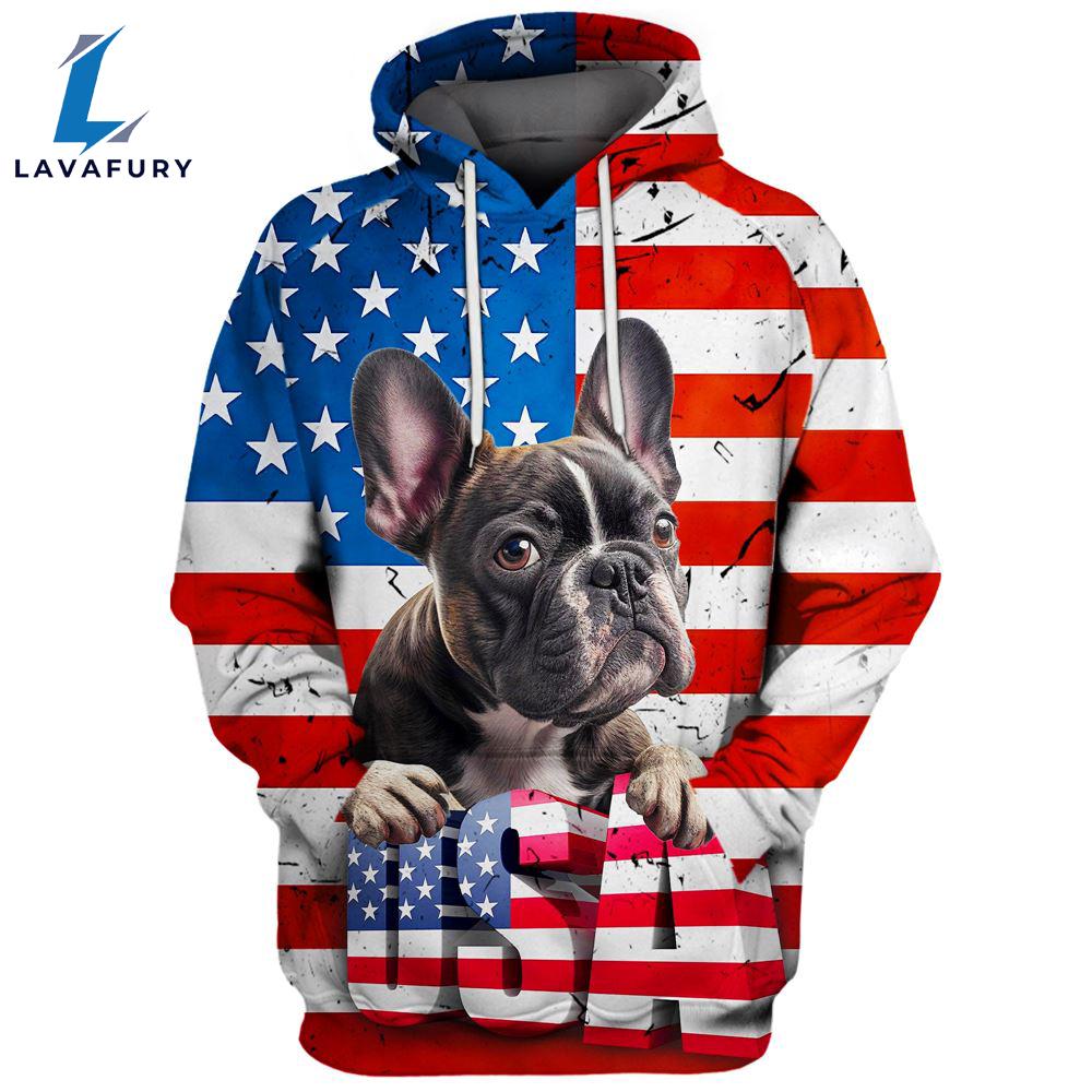 French Bulldog 3 3D Face Graphic Premium America Flag Hoodie For Lover Dogs
