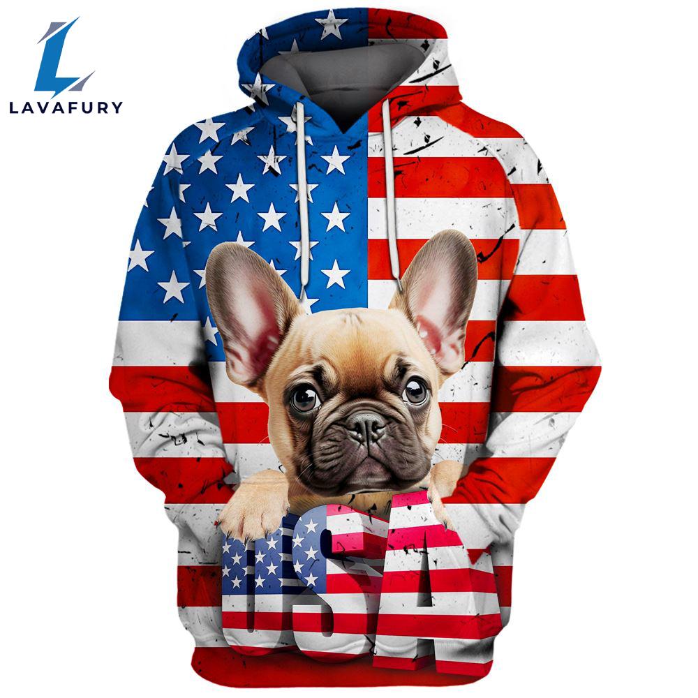 French Bulldog 4 3D Face Graphic Premium America Flag Hoodie For Lover Dogs