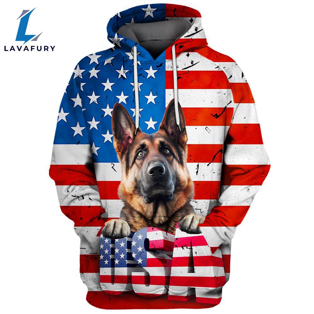 German Shepherd Dog 2 3D Face Graphic Premium America Flag Hoodie For Lover Dogs