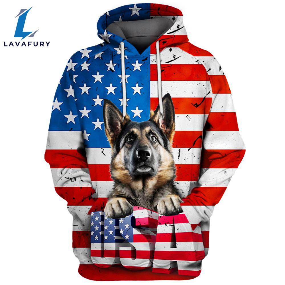 German Shepherd Dog 3 3D Face Graphic Premium America Flag Hoodie For Lover Dogs
