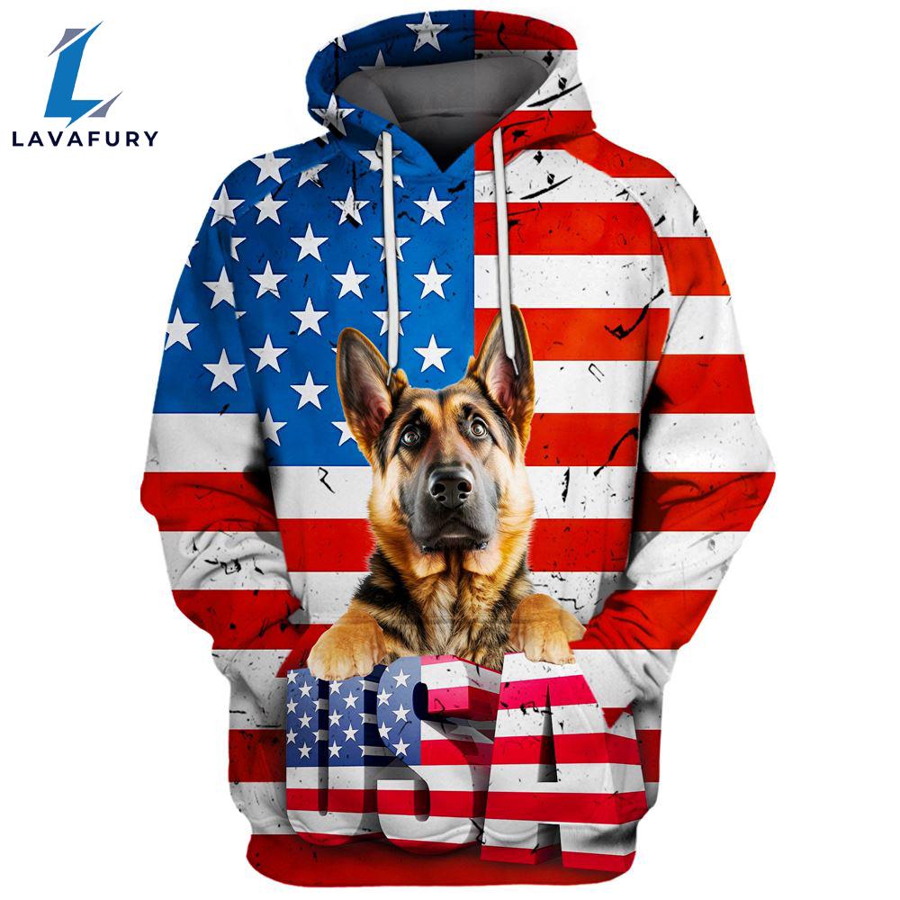 German Shepherd Dog 4 3D Face Graphic Premium America Flag Hoodie For Lover Dogs