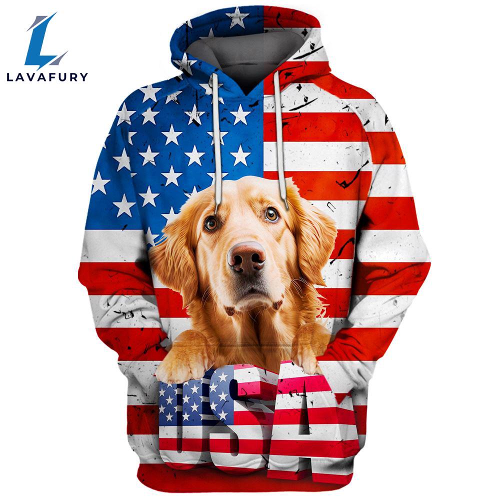 Golden Retriever Dog 1 3D Face Graphic Premium America Flag Hoodie For Lover Dogs