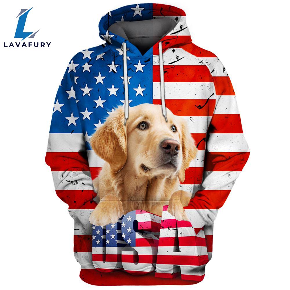 Golden Retriever Dog 2 3D Face Graphic Premium America Flag Hoodie For Lover Dogs