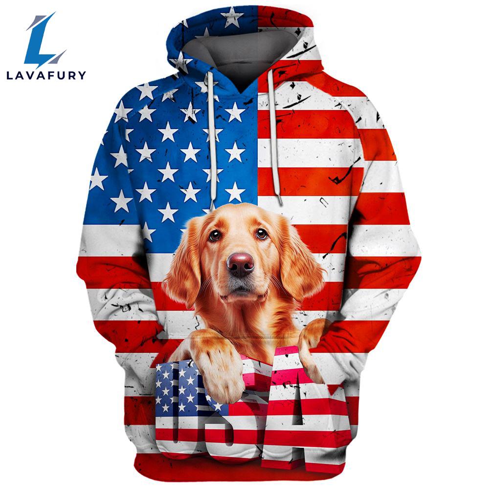 Golden Retriever Dog 3 3D Face Graphic Premium America Flag Hoodie For Lover Dogs