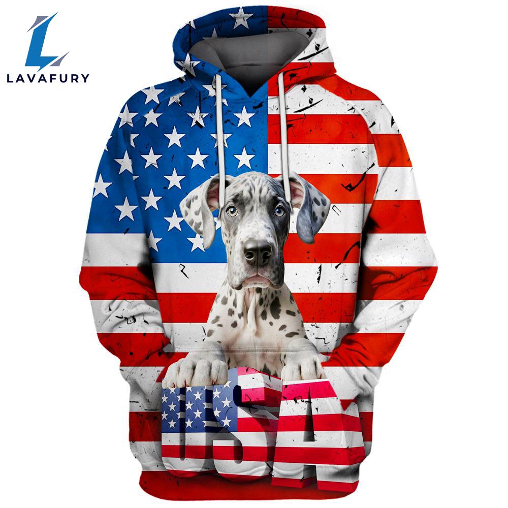 Great Dane Dog 2 3D Face Graphic Premium America Flag Hoodie For Lover Dogs