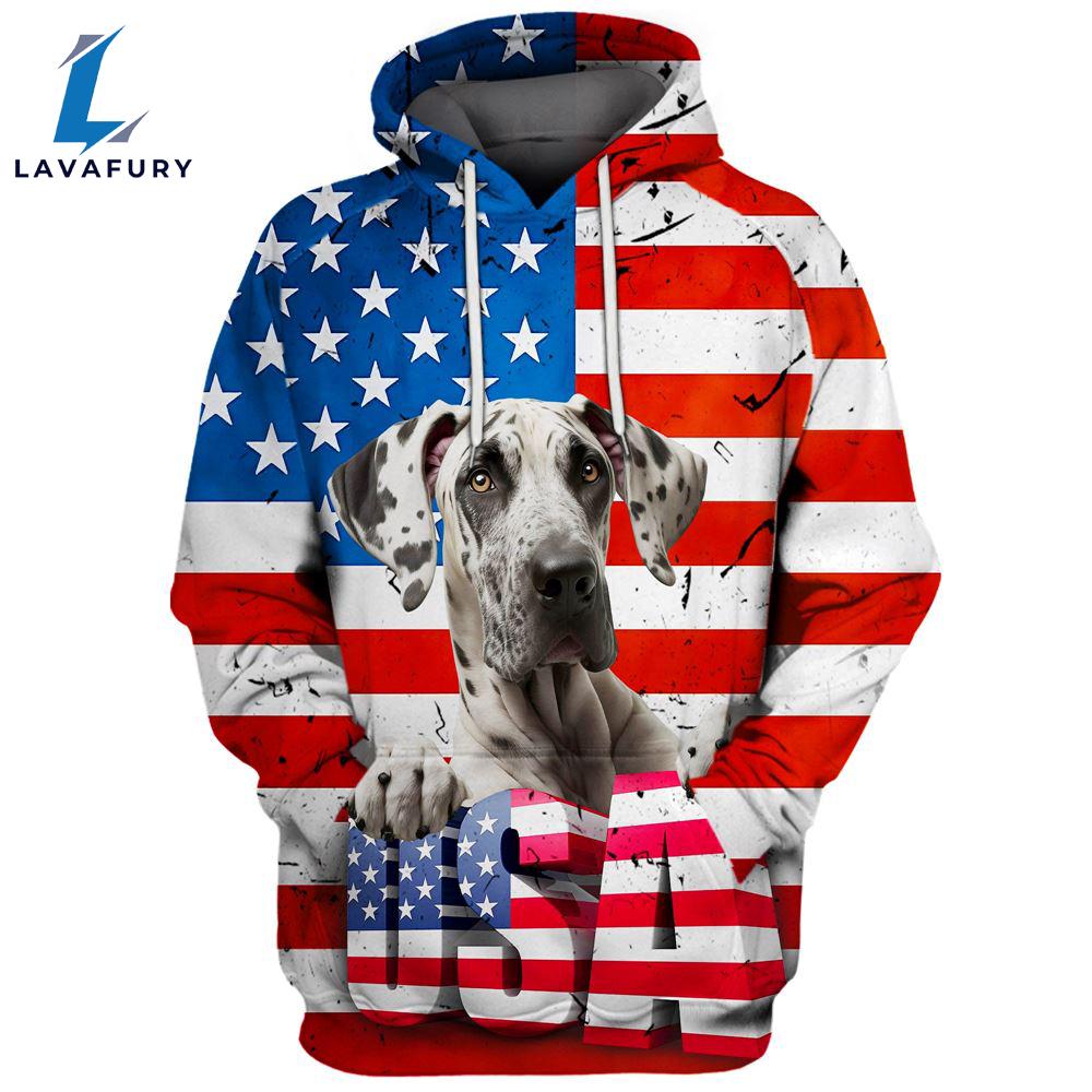 Great Dane Dog 3 3D Face Graphic Premium America Flag Hoodie For Lover Dogs