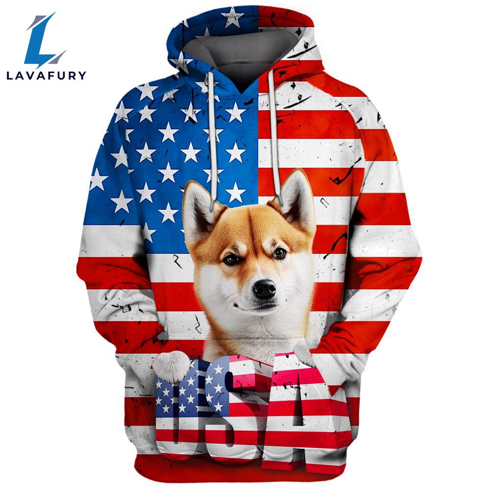 Hokkaido Dog 3D Face Graphic Premium America Flag Hoodie For Lover Dogs