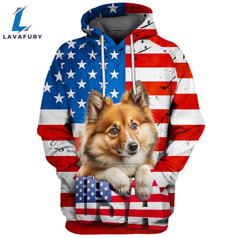 Icelandic Sheepdog 3D Face Graphic Premium America Flag Hoodie For Lover Dogs