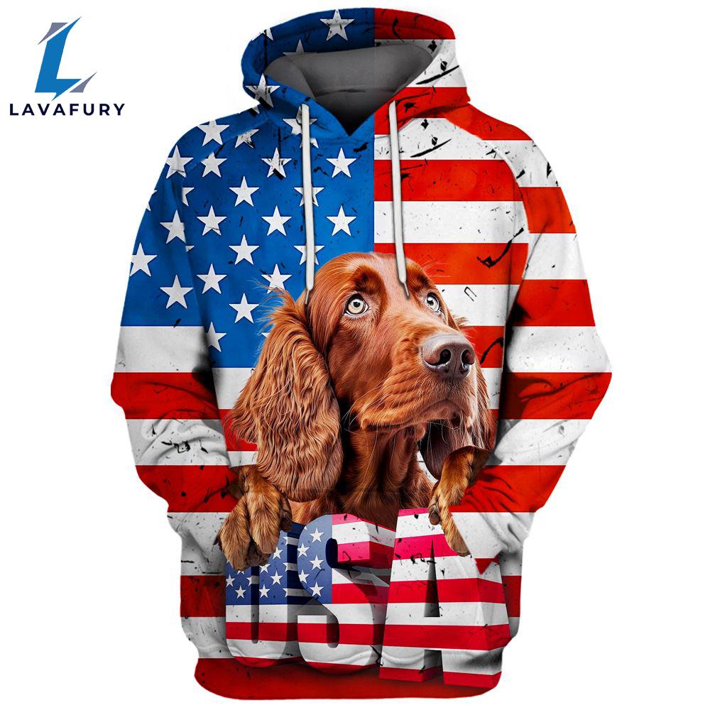 Irish Setter Dog 3D Face Graphic Premium America Flag Hoodie For Lover Dogs
