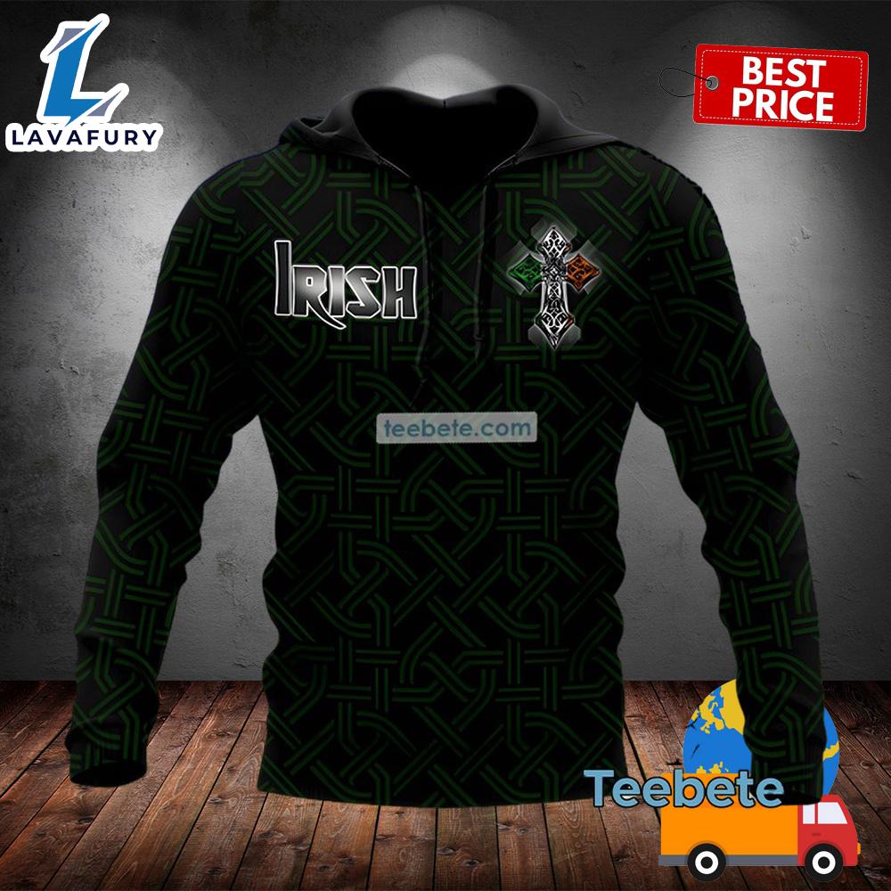 Irish St Patricks Day Celtic Cross Black 3D Pattern Hoodie 2025