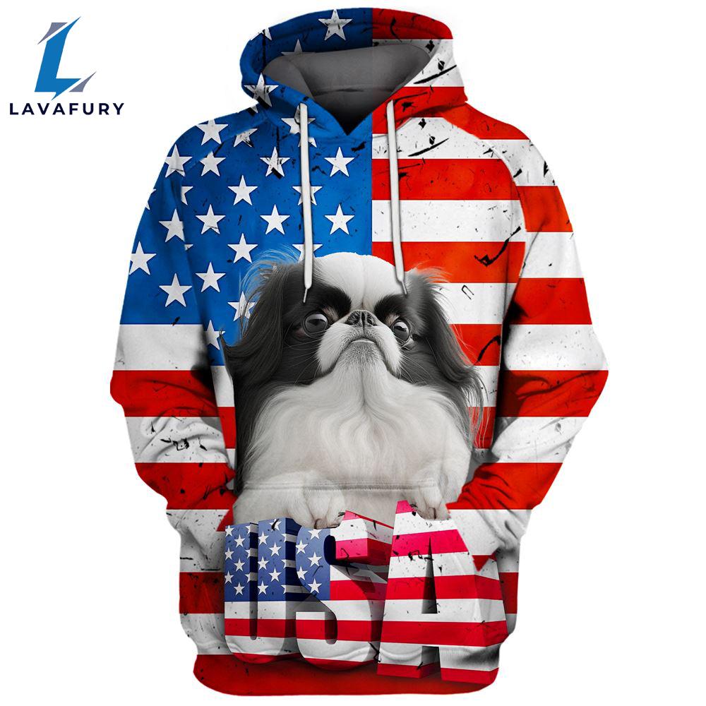 Japanese Chin Dog 3D Face Graphic Premium America Flag Hoodie For Lover Dogs