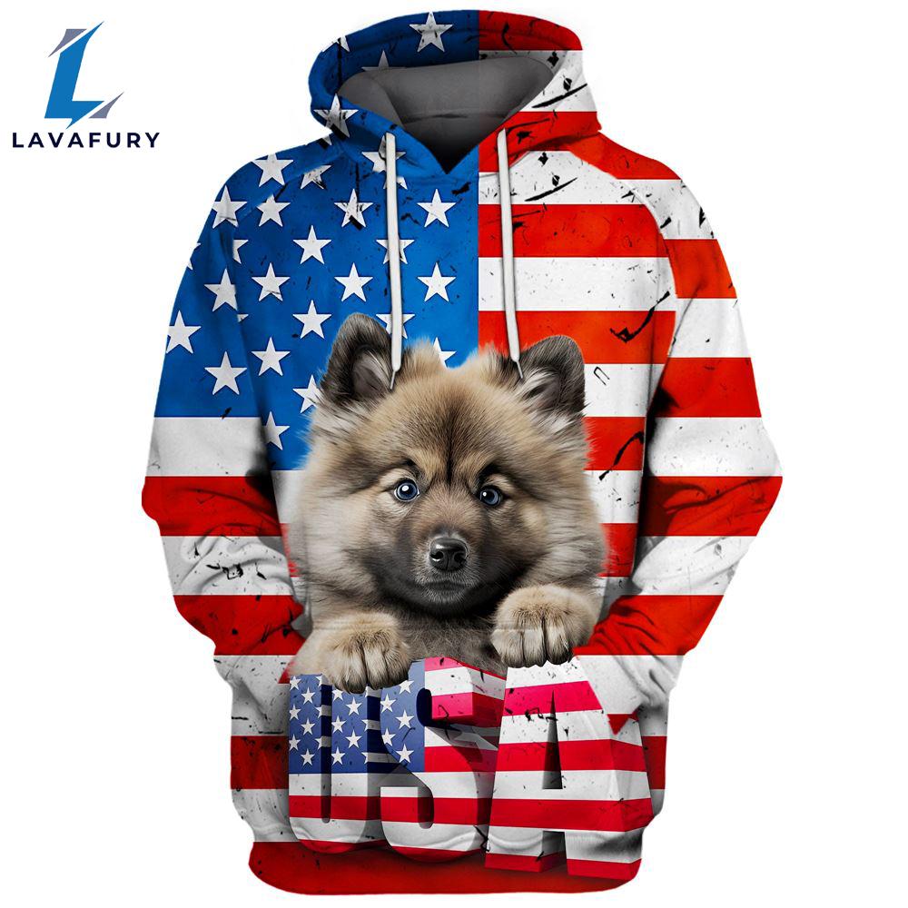 Keeshond Dog 3D Face Graphic Premium America Flag Hoodie For Lover Dogs