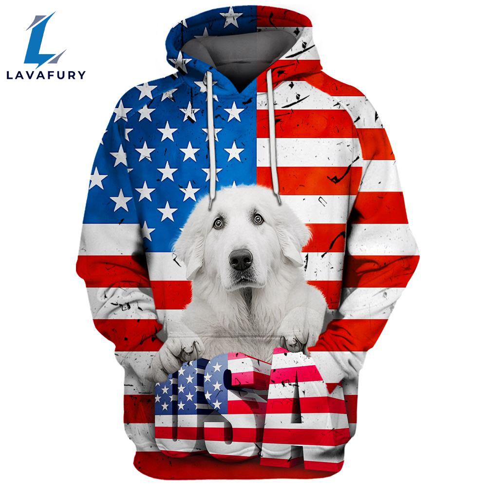 Kuvasz Dog 3D Face Graphic Premium America Flag Hoodie For Lover Dogs