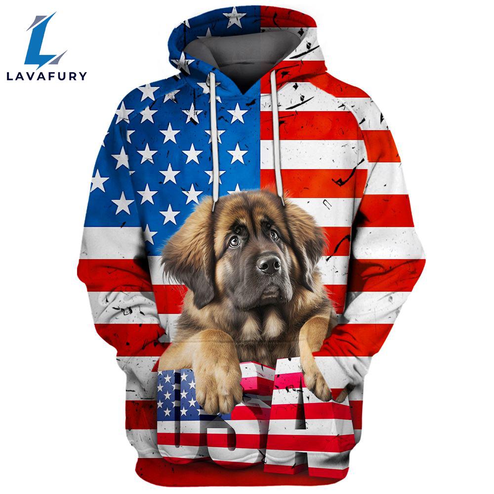 Leonberger Dog 3D Face Graphic Premium America Flag Hoodie For Lover Dogs