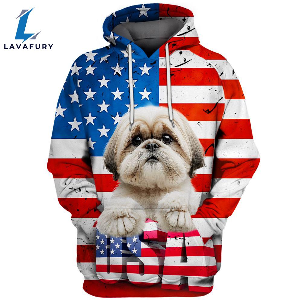 Lhasa Apso Dog 3D Face Graphic Premium America Flag Hoodie For Lover Dogs