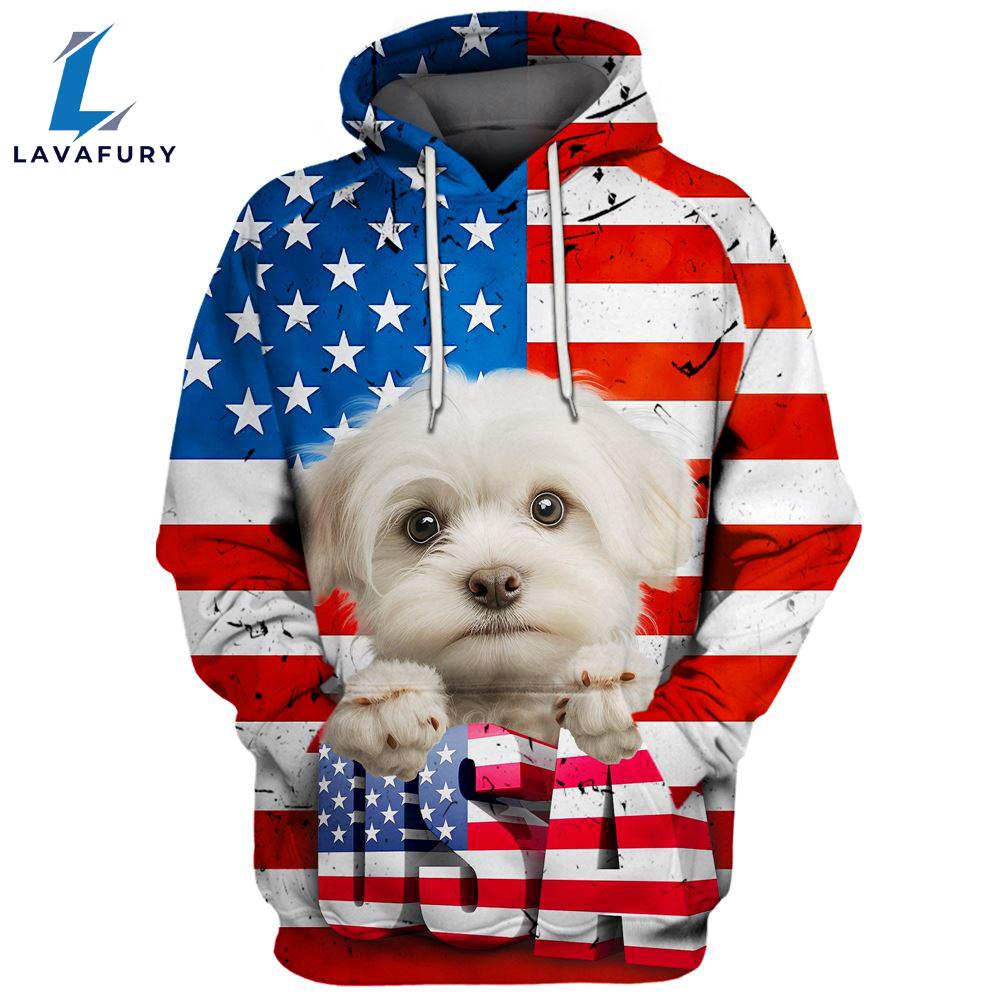 Maltese Dog 3D Face Graphic Premium America Flag Hoodie For Lover Dogs