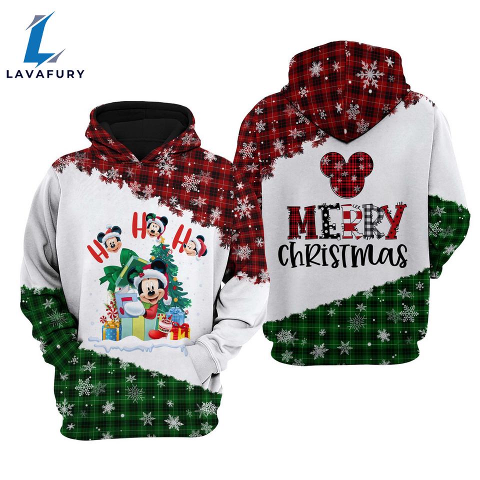 Merry Christmas Ho Ho Ho Red Green Plaid Mickey Mouse Hoodie 3D Printed - Shirts Gift for Mickey Lovers