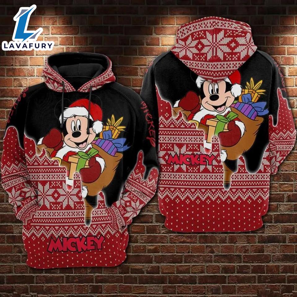 Mickey Mouse Santa Carrying Xmas Gift Bag Ugly Christmas Hoodie 3D Printed - Shirts Gift for Mickey Lovers