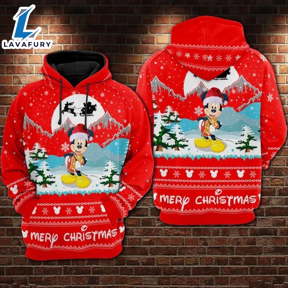 Mickey Mouse Santa In Winter Forest Merry Christmas Hoodie 3D Printed - Shirts Gift for Mickey Lovers