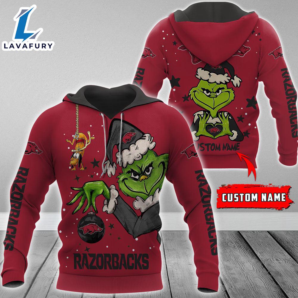 Ncaa Arkansas Razorbacks Football Team The Grinch Custom Name Hoodie Gift Christmas