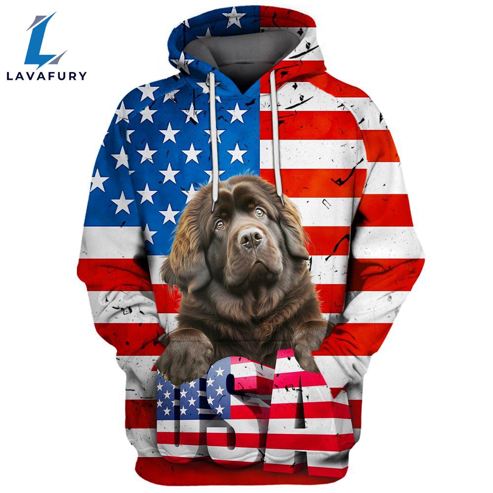 Newfoundland Dog 3D Face Graphic Premium America Flag Hoodie For Lover Dogs