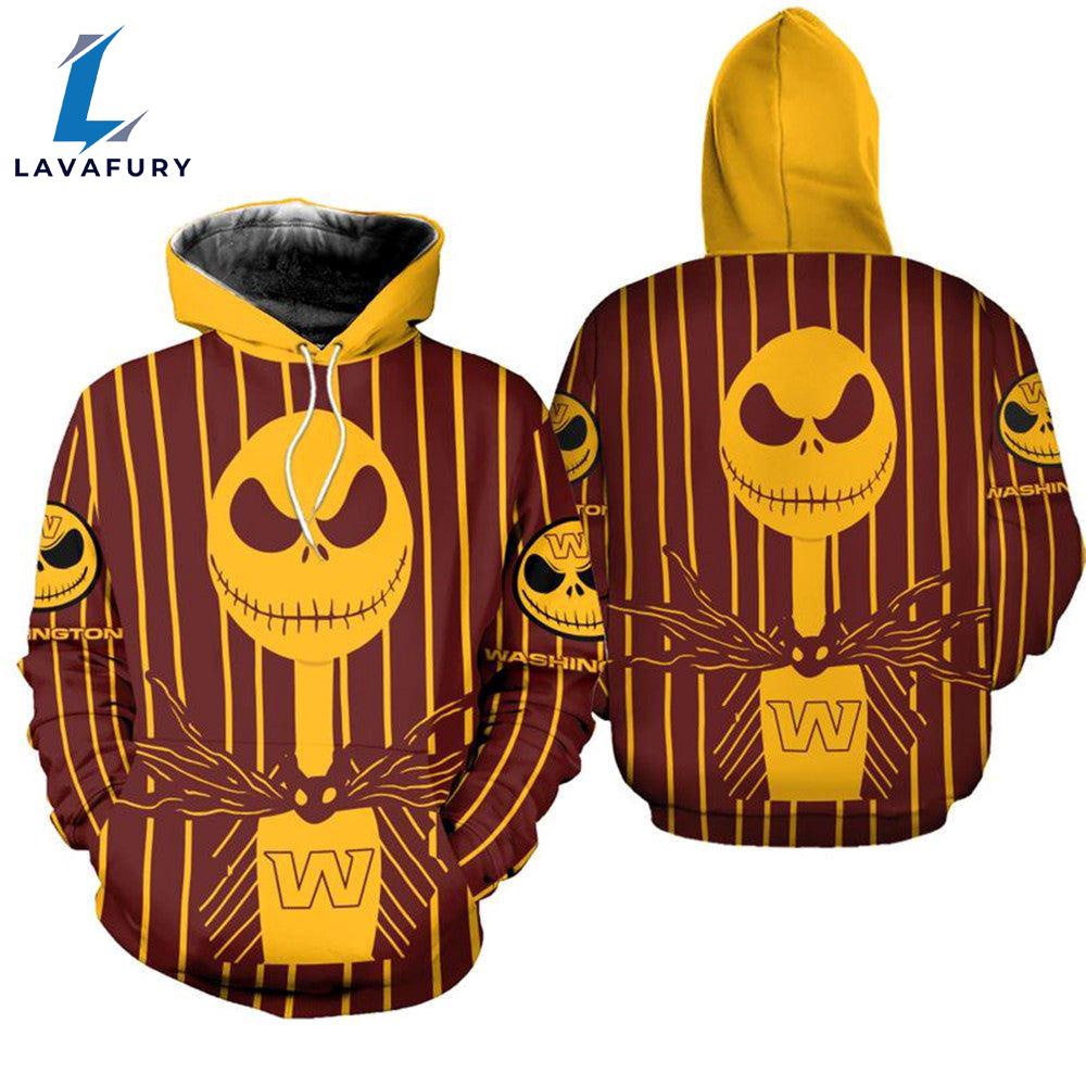 NFL Washington Commanders Red Yellow Halloween Jack Skellington Pullover- Jack Skellington Hoodie