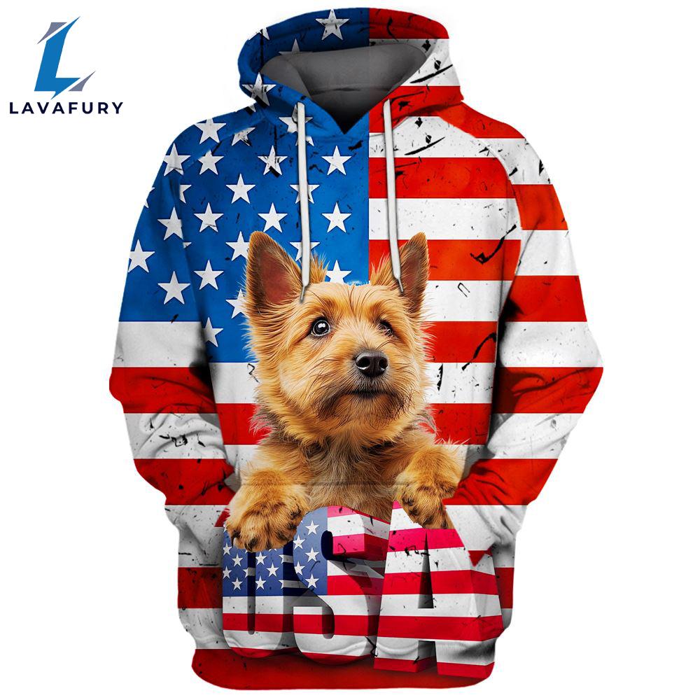 Norwich Terrier Dog 3D Face Graphic Premium America Flag Hoodie For Lover Dogs
