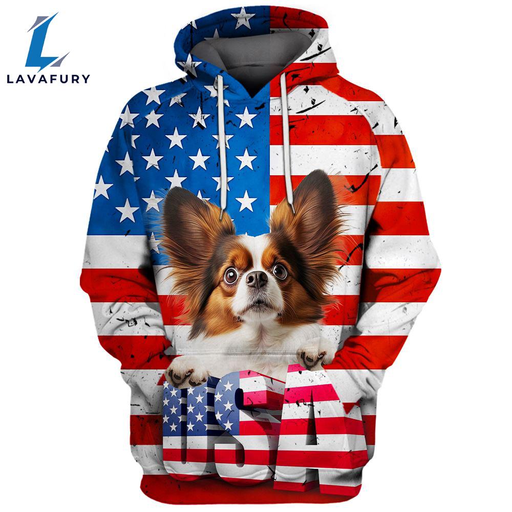 Papillon Dog 3D Face Graphic Premium America Flag Hoodie For Lover Dogs