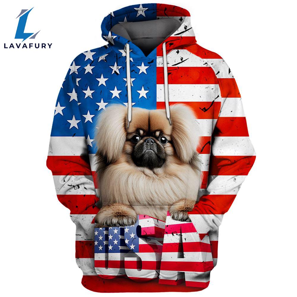 Pekingese Dog 3D Face Graphic Premium America Flag Hoodie For Lover Dogs