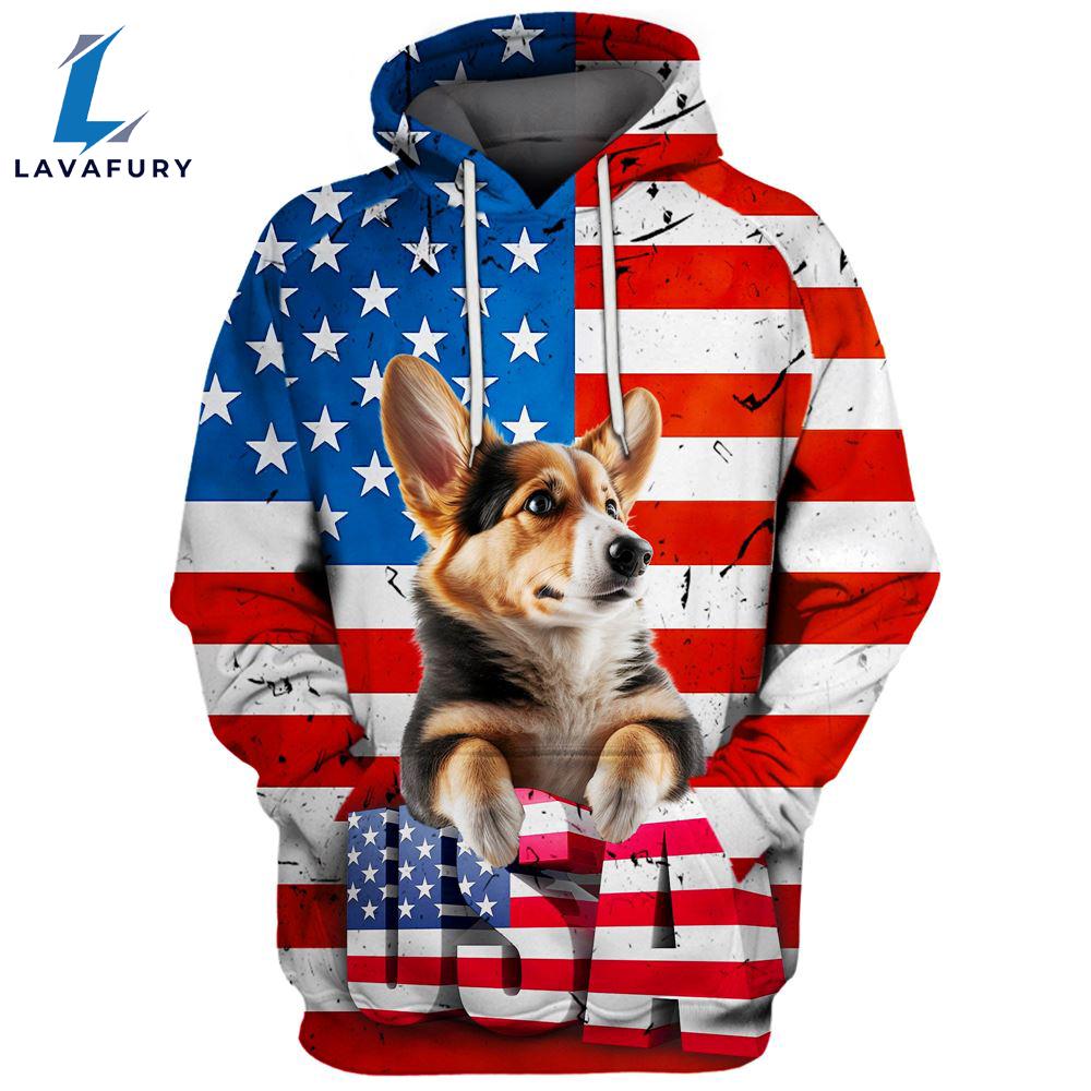 Pembroke Welsh Corgi Dog 1 3D Face Graphic Premium America Flag Hoodie For Lover Dogs