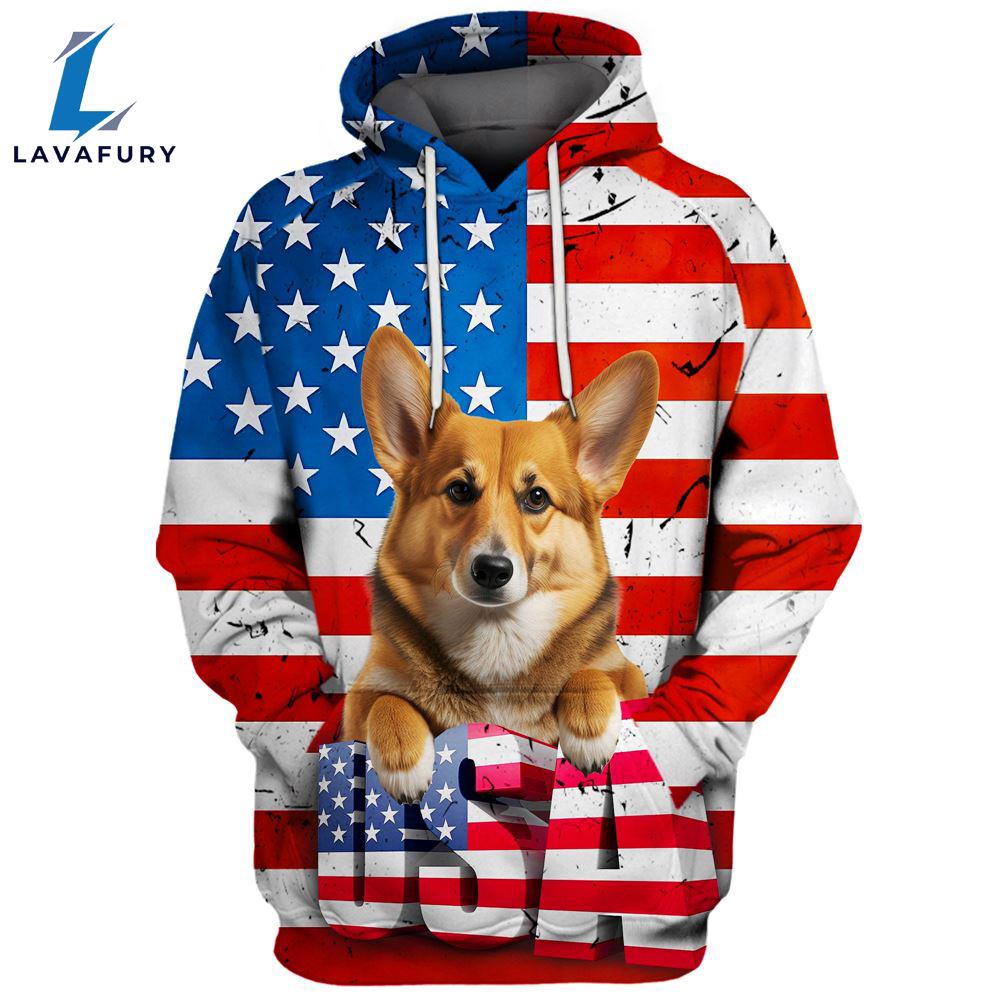 Pembroke Welsh Corgi Dog 2 3D Face Graphic Premium America Flag Hoodie For Lover Dogs