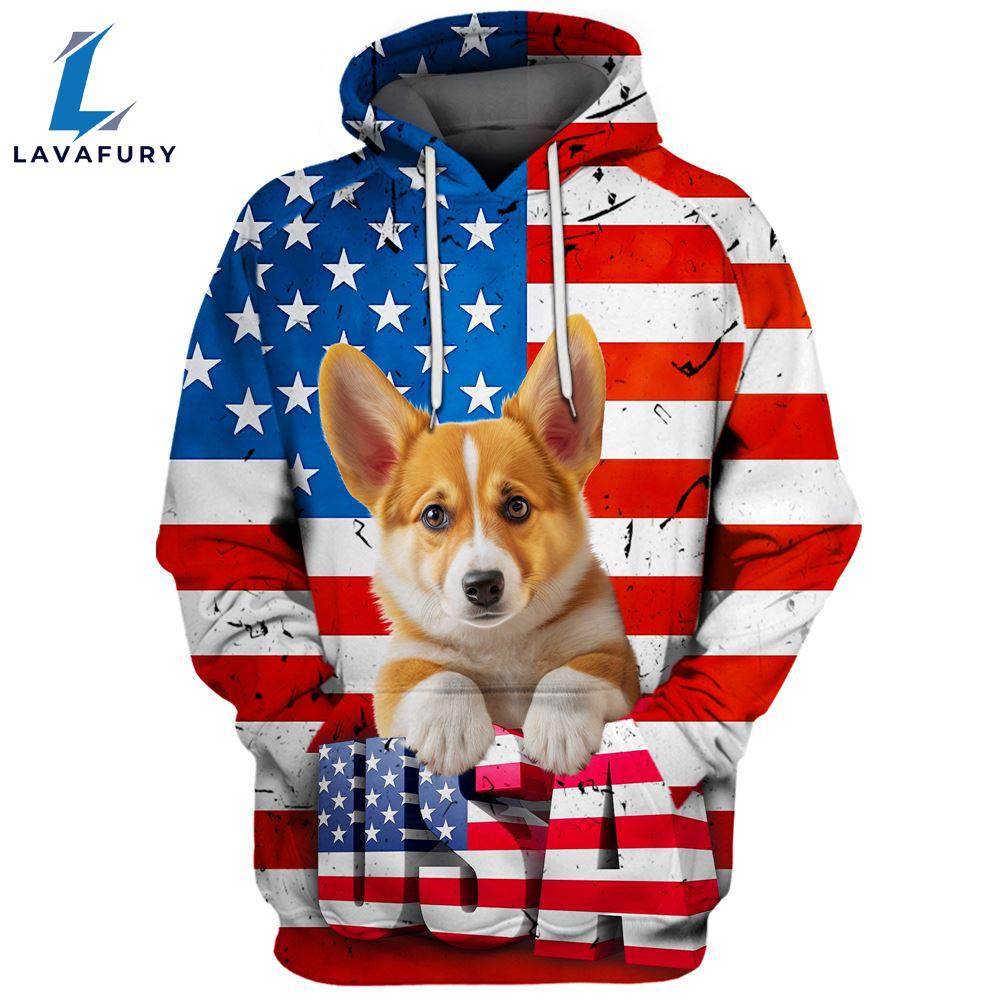 Pembroke Welsh Corgi Dog 3 3D Face Graphic Premium America Flag Hoodie For Lover Dogs