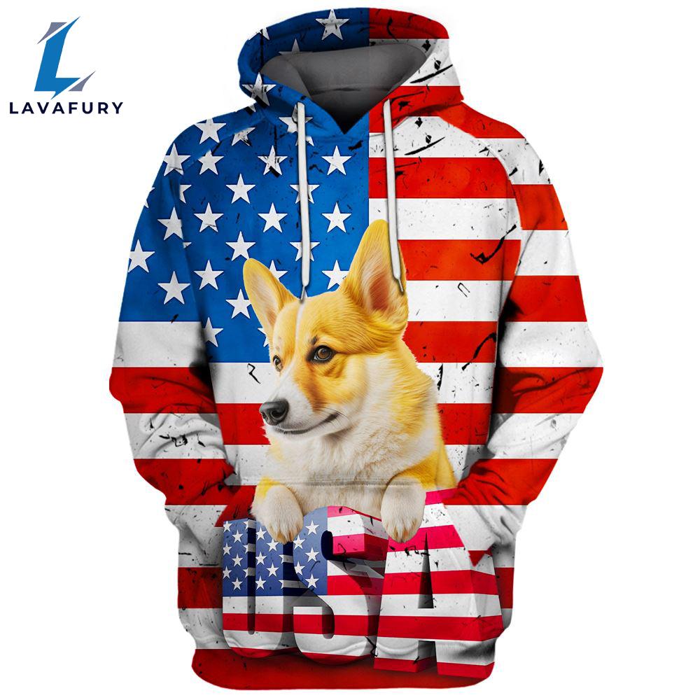 Pembroke Welsh Corgi Dog 4 3D Face Graphic Premium America Flag Hoodie For Lover Dogs