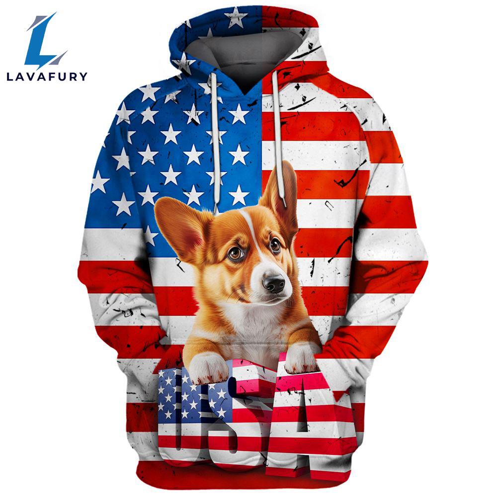 Pembroke Welsh Corgi Dog 5 3D Face Graphic Premium America Flag Hoodie For Lover Dogs