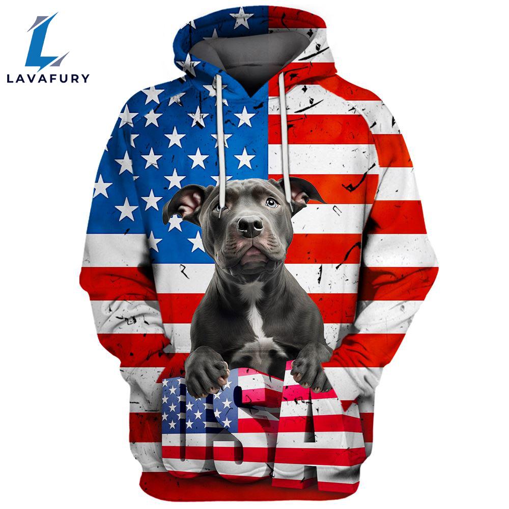 Pitbull Dog 1 3D Face Graphic Premium America Flag Hoodie For Lover Dogs