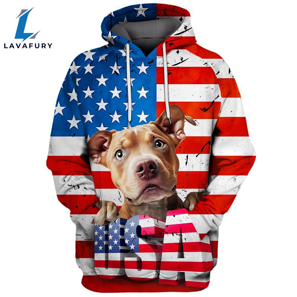 Pitbull Dog 2 3D Face Graphic Premium America Flag Hoodie For Lover Dogs