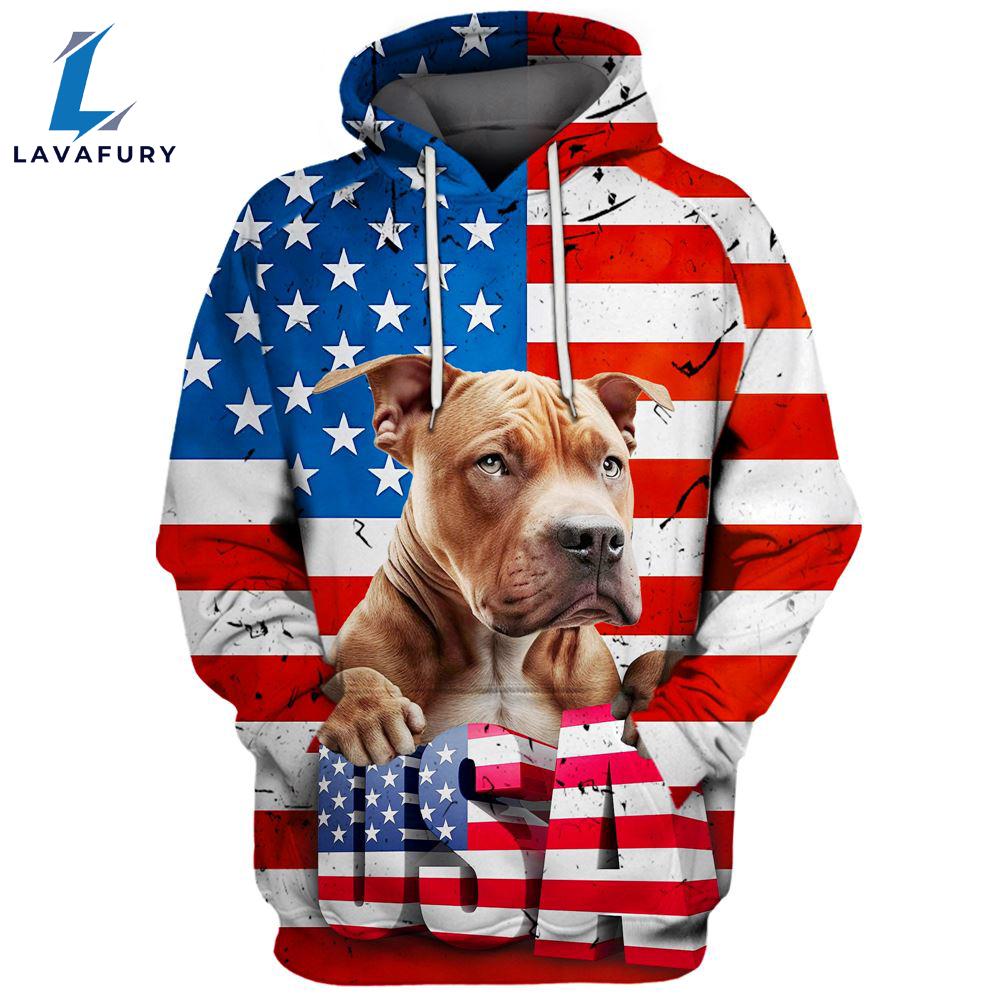 Pitbull Dog 3 3D Face Graphic Premium America Flag Hoodie For Lover Dogs