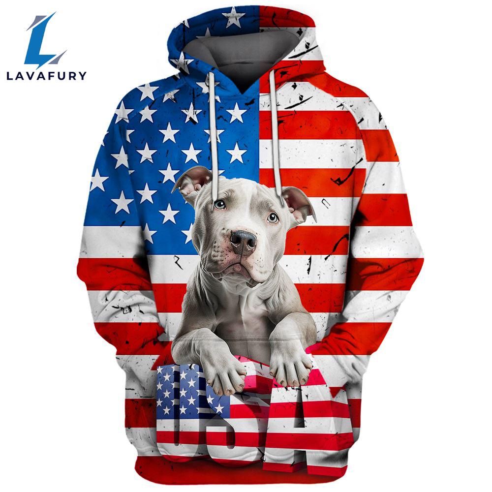 Pitbull Dog 4 3D Face Graphic Premium America Flag Hoodie For Lover Dogs