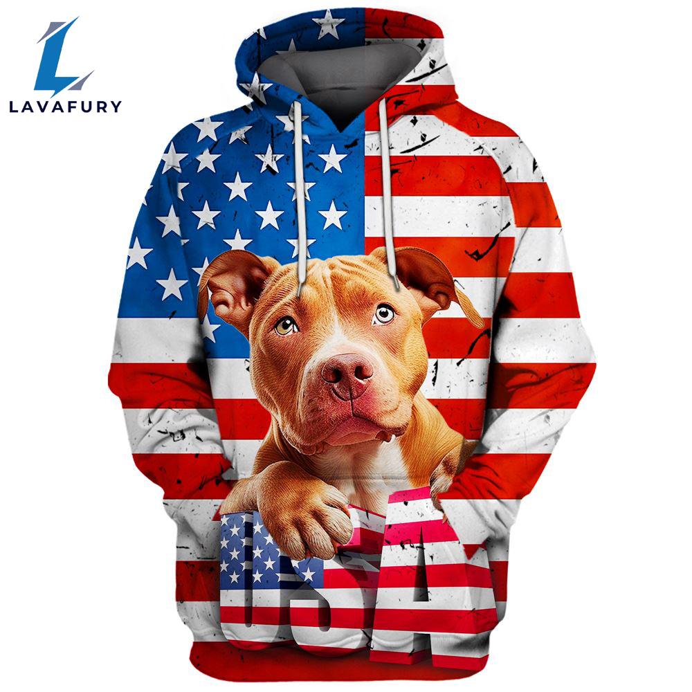 Pitbull Dog 5 3D Face Graphic Premium America Flag Hoodie For Lover Dogs