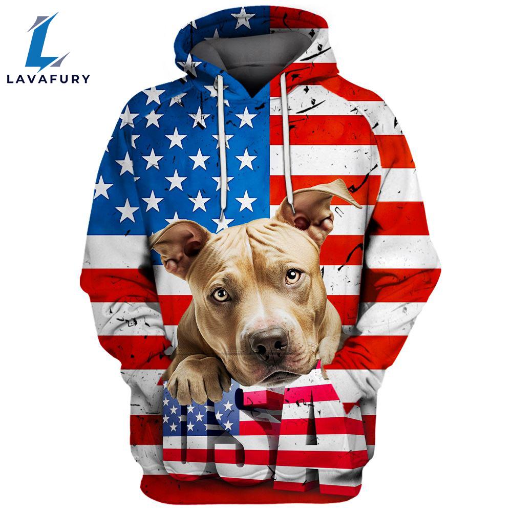 Pitbull Dog 6 3D Face Graphic Premium America Flag Hoodie For Lover Dogs
