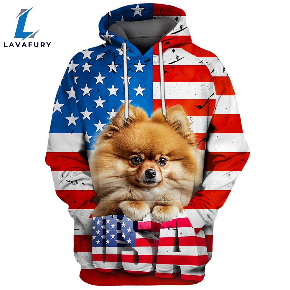 Pomeranian Dog 3D Face Graphic Premium America Flag Hoodie For Lover Dogs