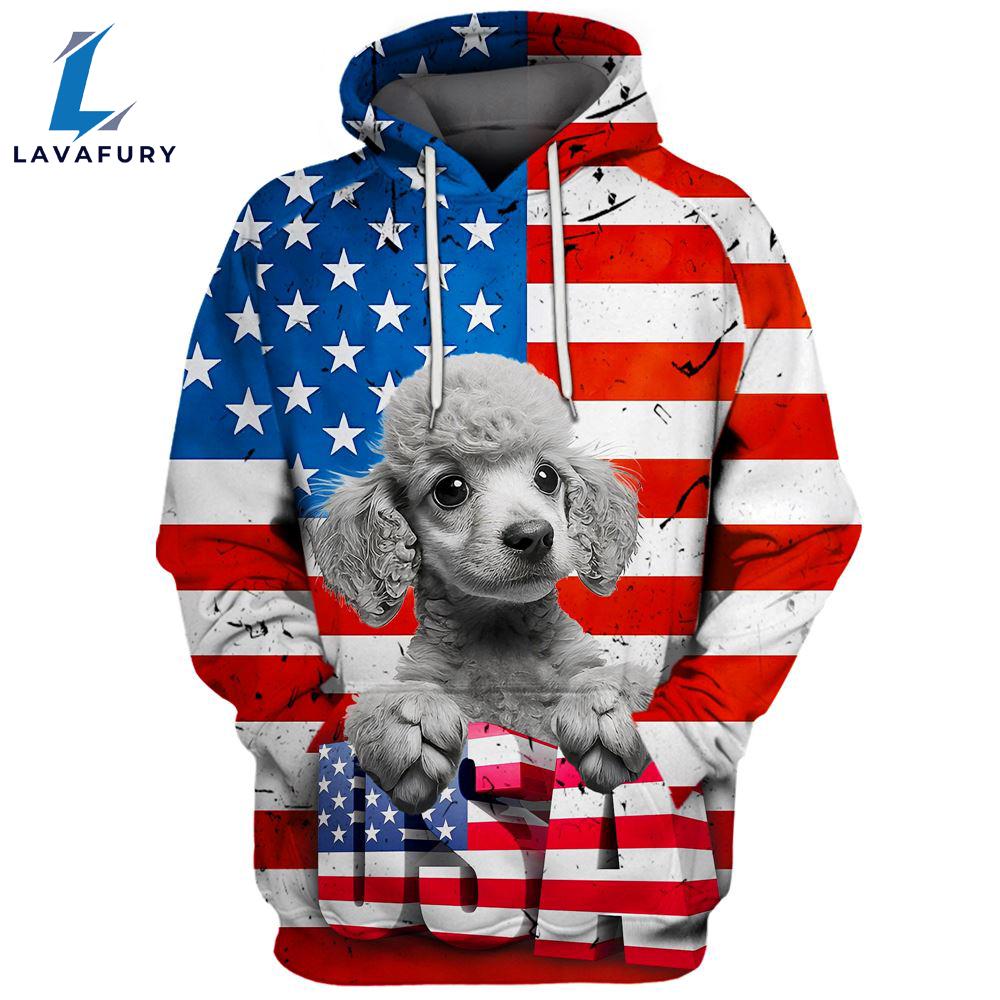 Poodle Dog 3 3D Face Graphic Premium America Flag Hoodie For Lover Dogs
