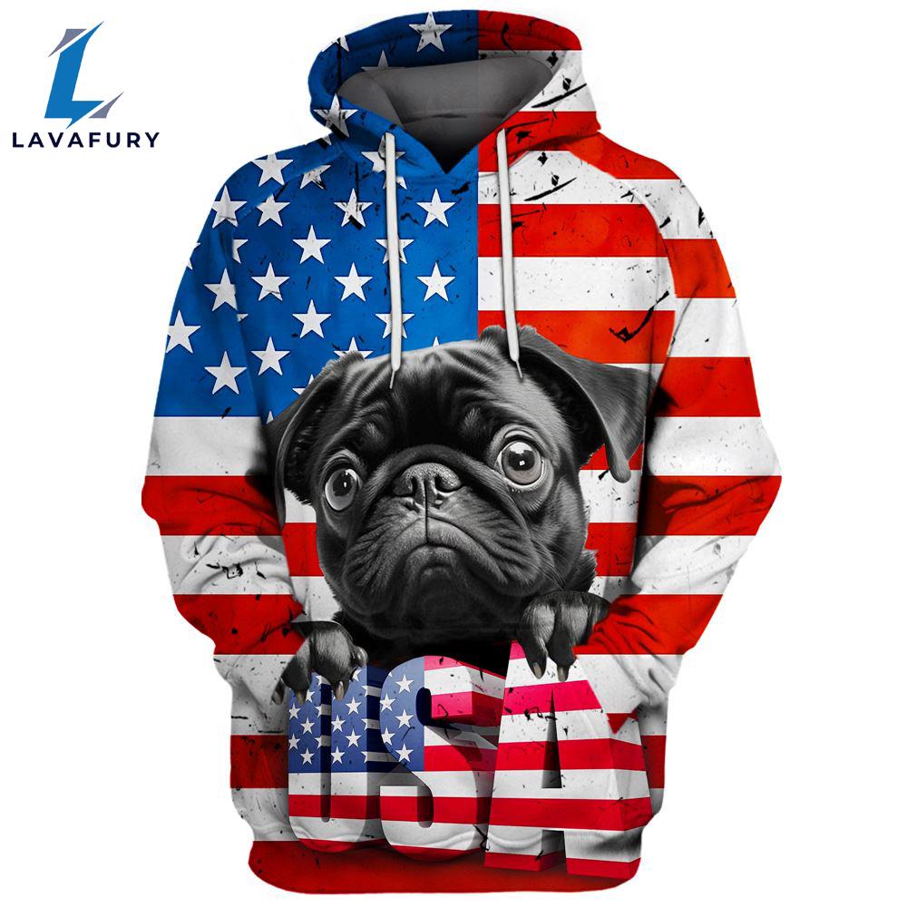 Pug Dog 1 3D Face Graphic Premium America Flag Hoodie For Lover Dogs