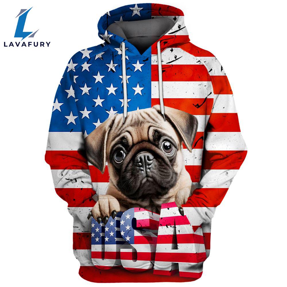Pug Dog 2 3D Face Graphic Premium America Flag Hoodie For Lover Dogs
