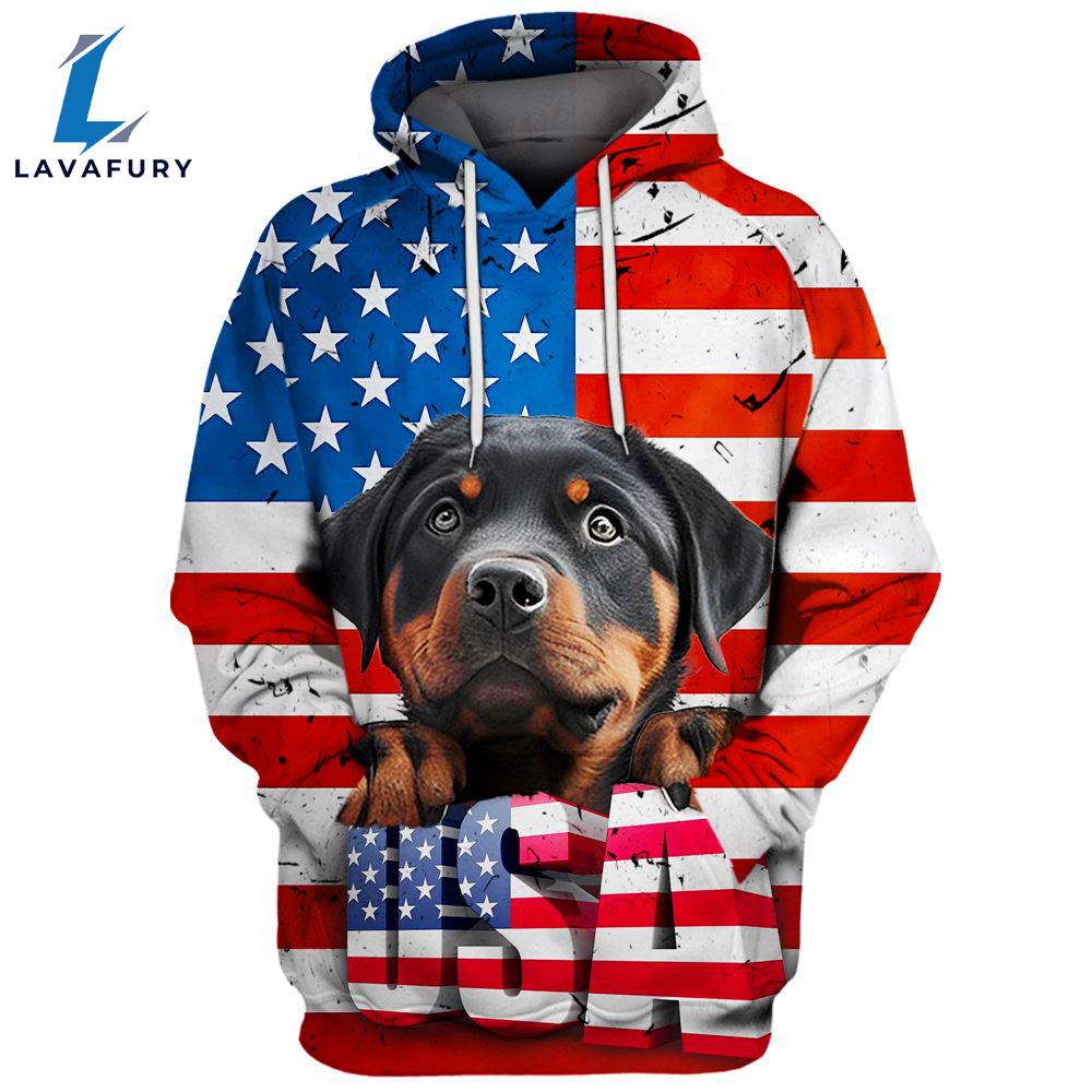 Rottweiler Dog 3D Face Graphic Premium America Flag Hoodie For Lover Dogs