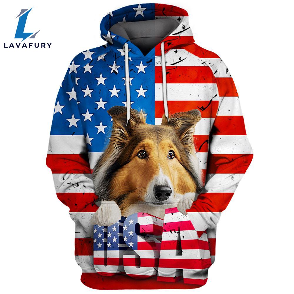 Rough Collie Dog 3D Face Graphic Premium America Flag Hoodie For Lover Dogs